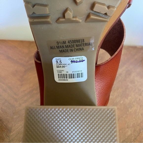 New Chunky Heel Sandel 9.5 Stacked Block Cognac Brown Strap Comfort Retro - Picture 8 of 11